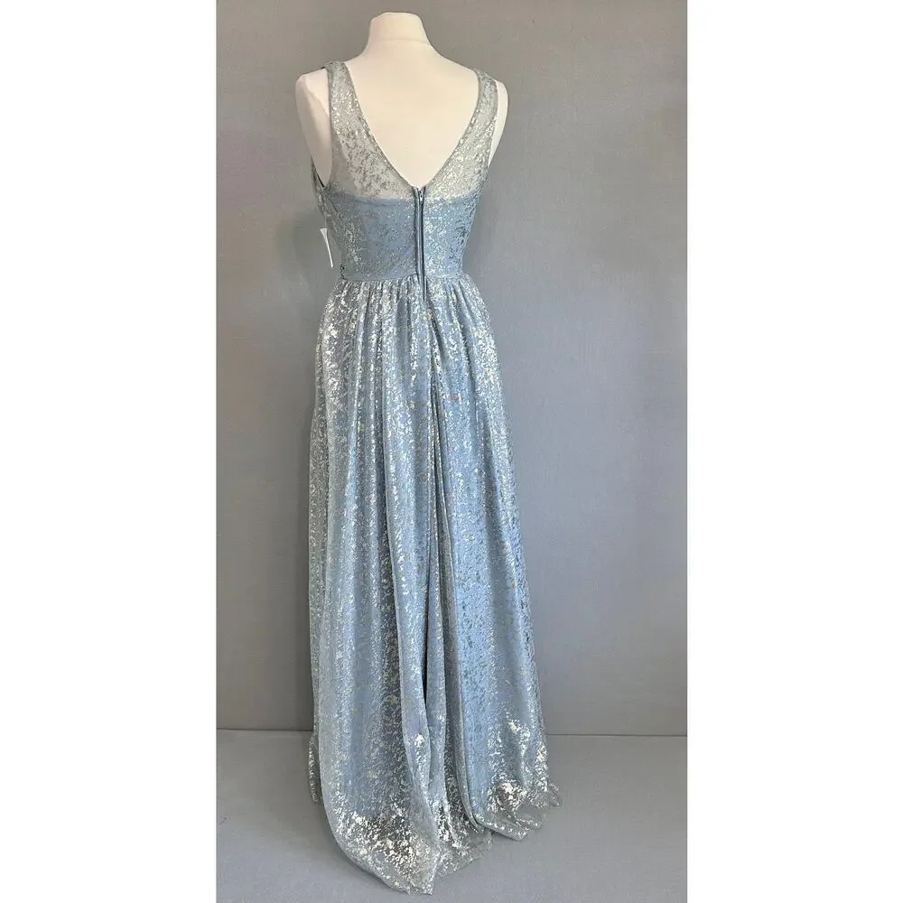Teeze Me Metallic Foil Pleated V-Neck Gown From David's Bridal Light Blue Sz 5 - Picture 4 of 16